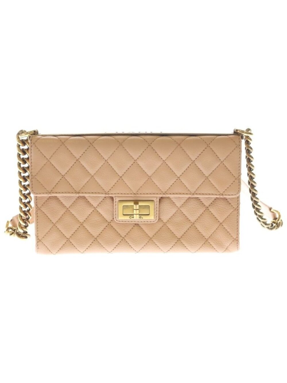 Chanel 2.55 Chain Shoulder Bag Pink Beige Calf Leather Gold